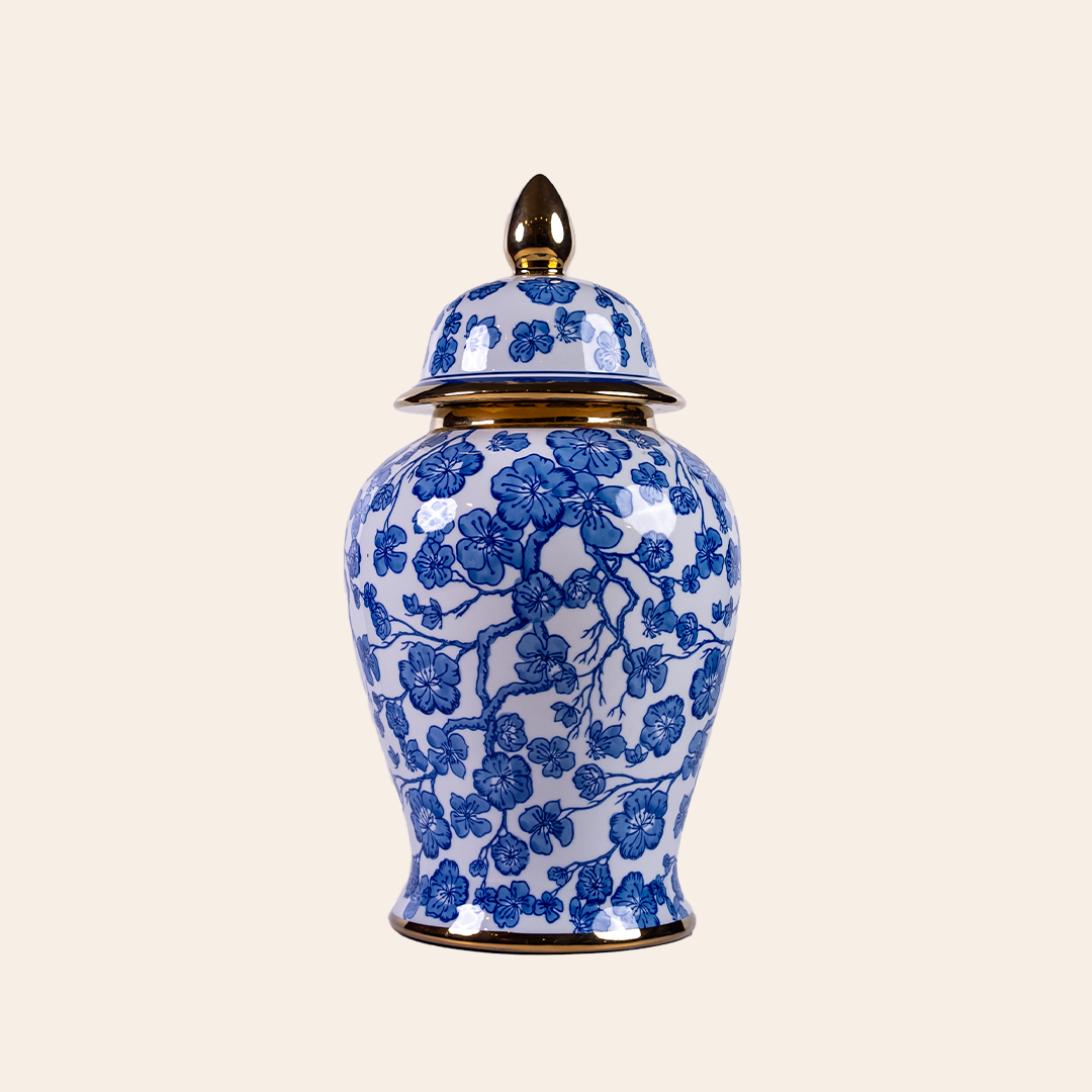 GINGER JAR BLUE AND WHITE WITH GOLD