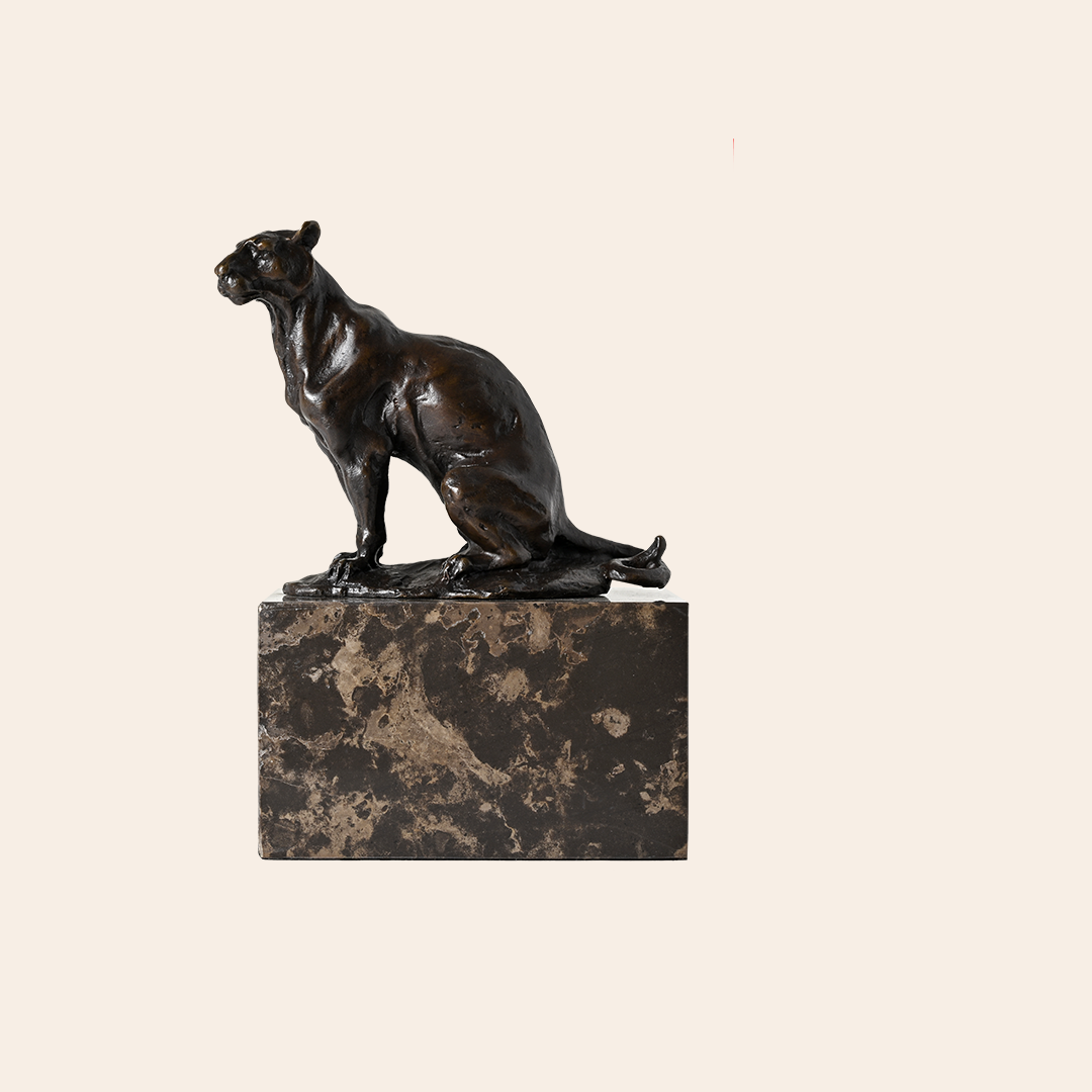 Bronze Sitting Lion Sculpture on Granite