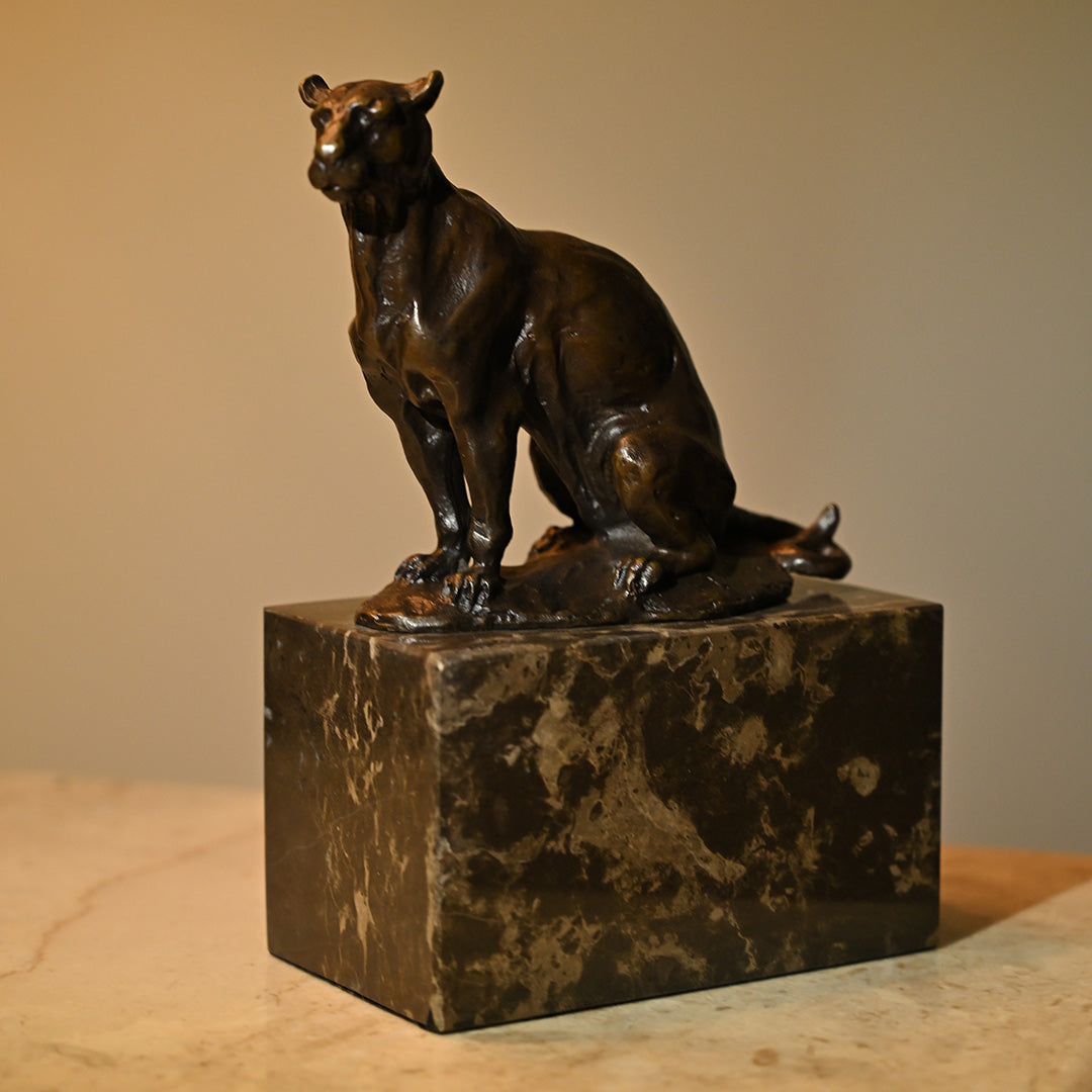 Bronze Sitting Lion Sculpture on Granite