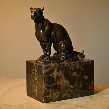 Bronze Sitting Lion Sculpture on Granite