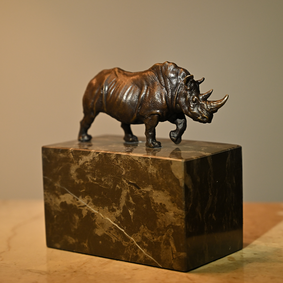 Bronze Rhino Sculpture on Granite