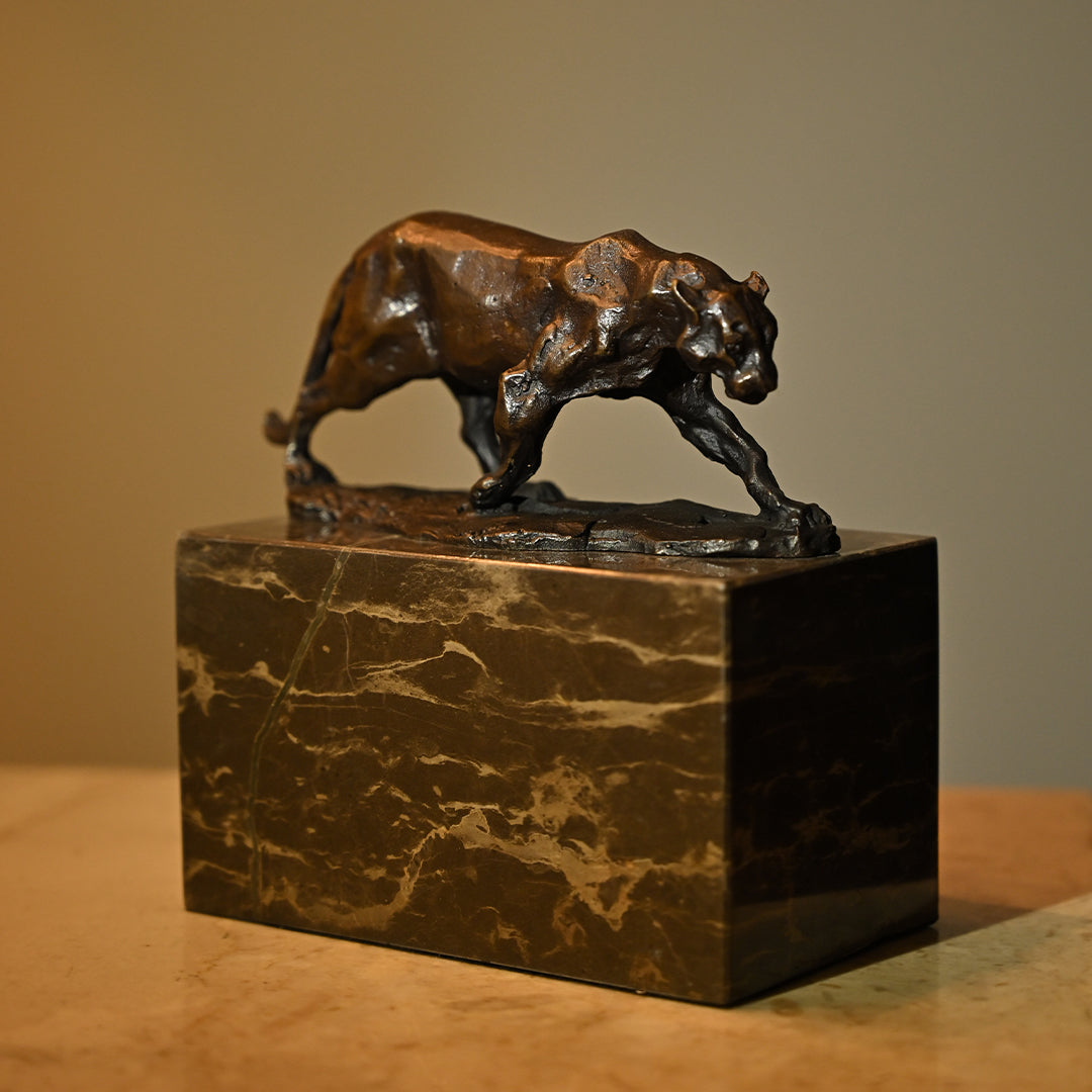 Bronze Walking Lion Sculpture on Granite
