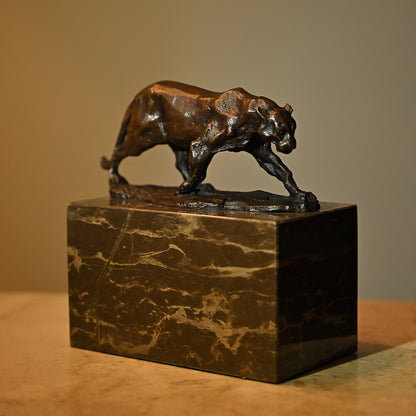Bronze Walking Lion Sculpture on Granite