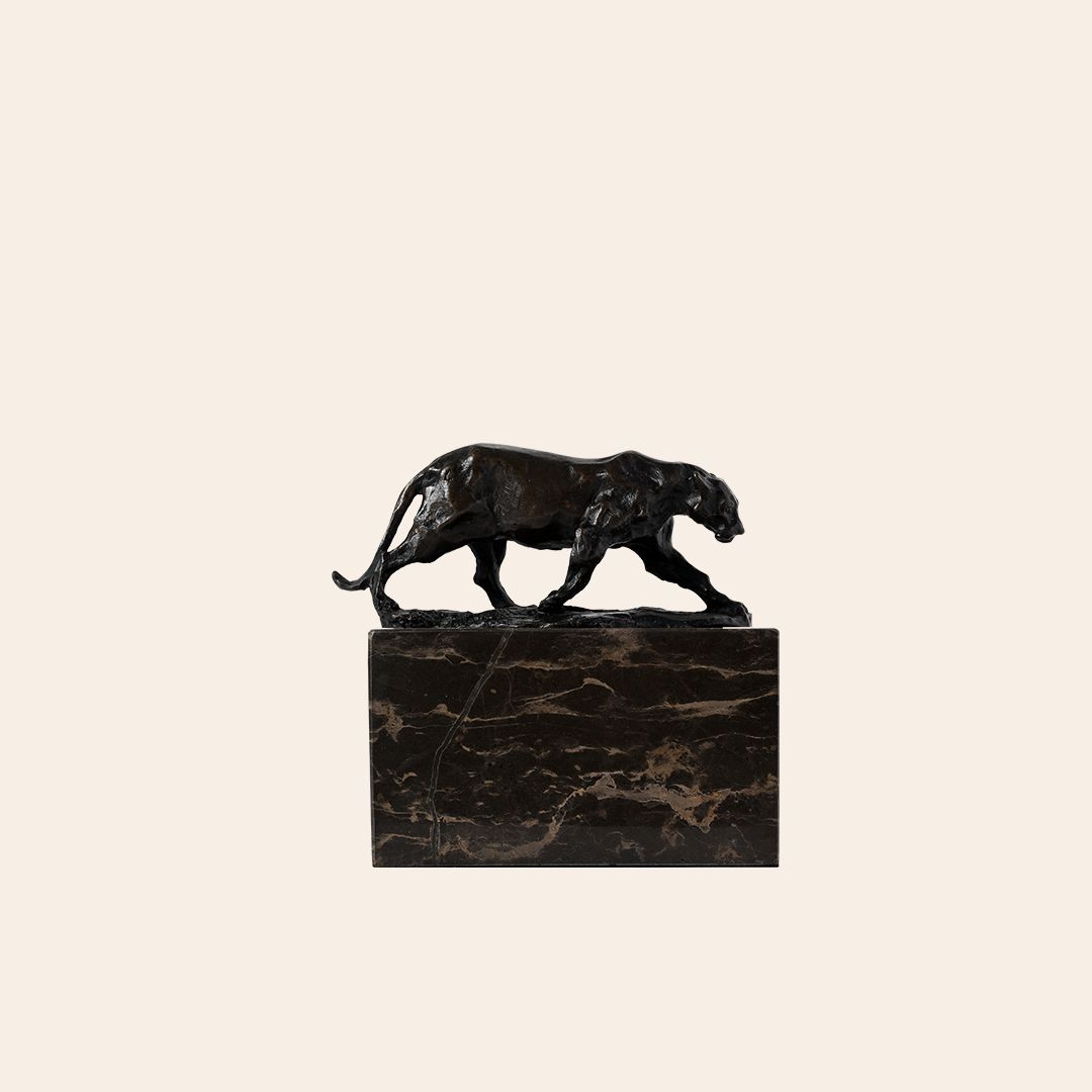Bronze Walking Lion Sculpture on Granite