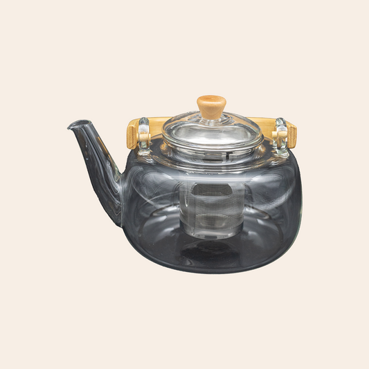 Borosilicate glass tea pot with wooden knob and handle 