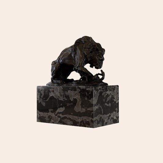 Bronze Lion Fighting with Snake on Marble