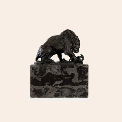 Bronze Lion Fighting with Snake on Marble