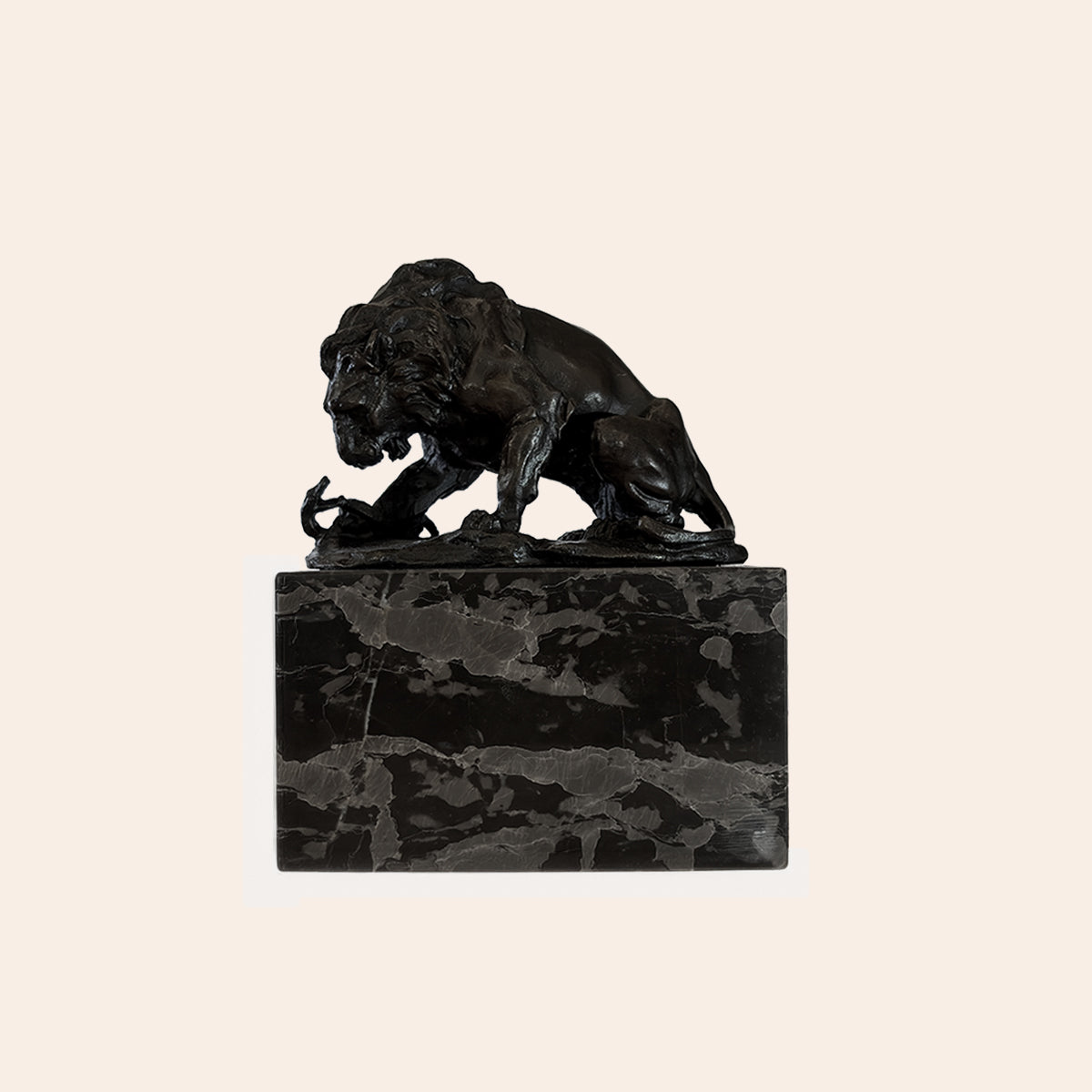 Bronze Lion Fighting with Snake on Marble