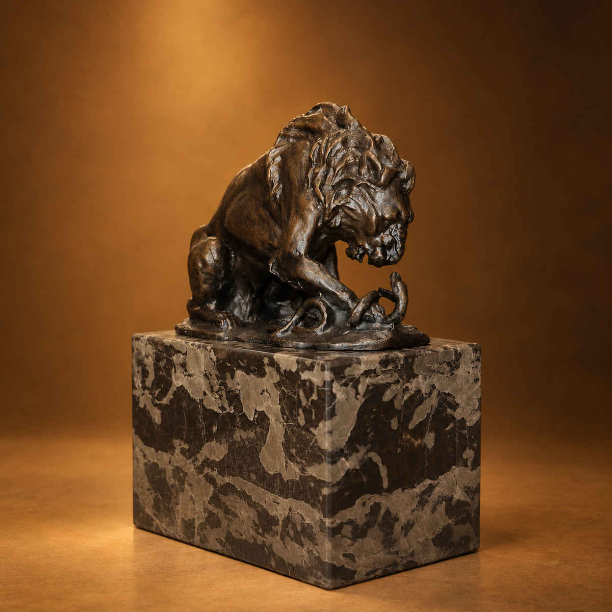 Bronze Lion Fighting with Snake on Marble