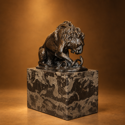 Bronze Lion Fighting with Snake on Marble