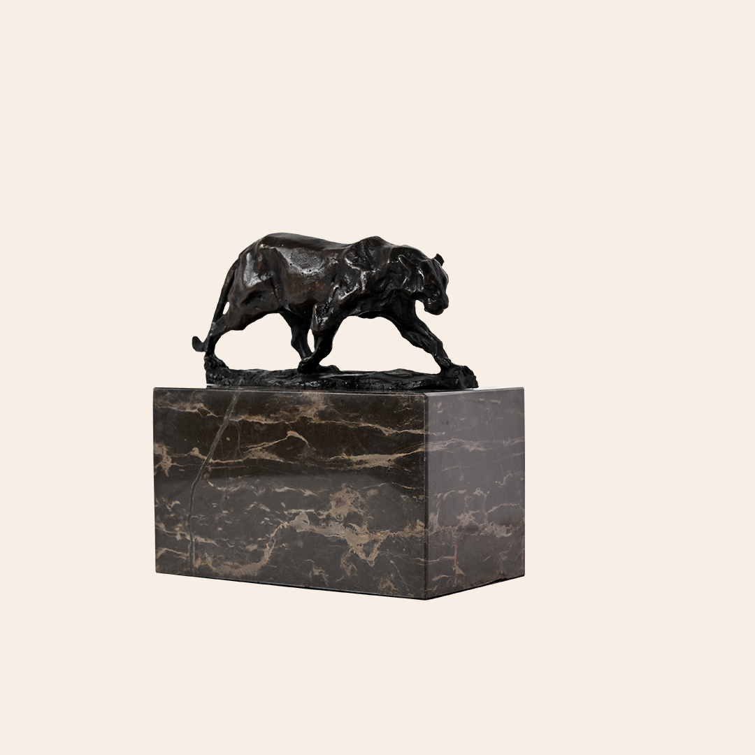 Bronze Walking Lion Sculpture on Granite