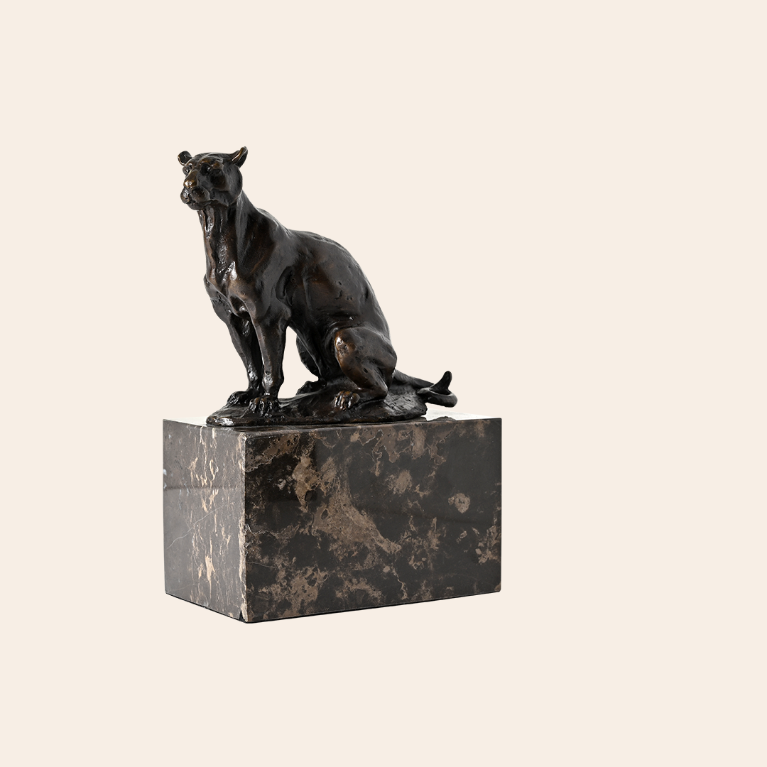Bronze Sitting Lion Sculpture on Granite
